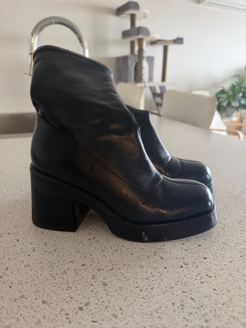 Women's Black Leather Platform Ankle Booties